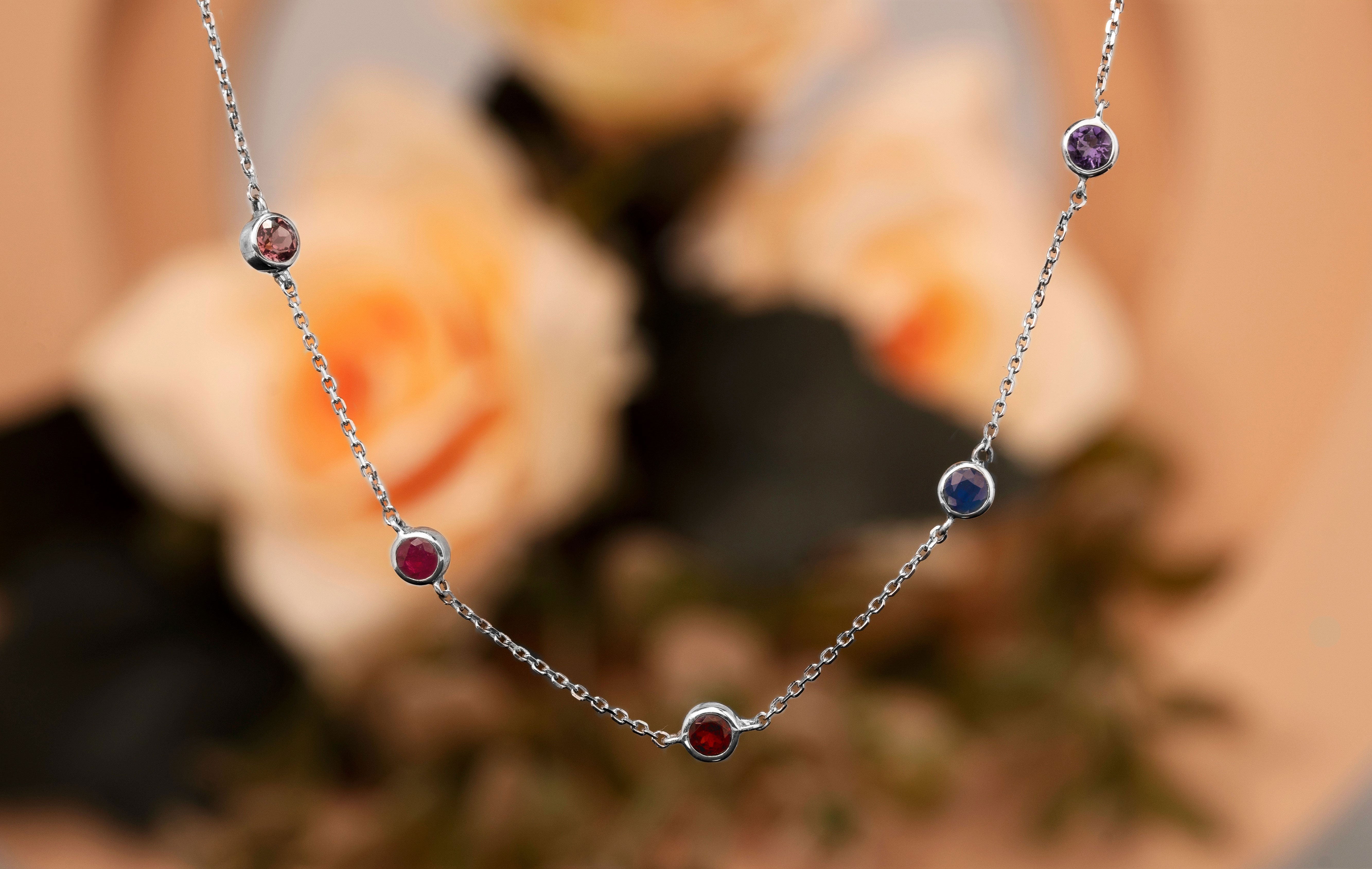 Multi Birthstone Custom Long Station Necklace for women in 18k white gold over silver