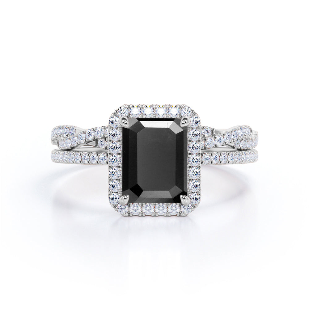 1.50 carat emerald cut Black Diamond halo wedding ring set in white gold