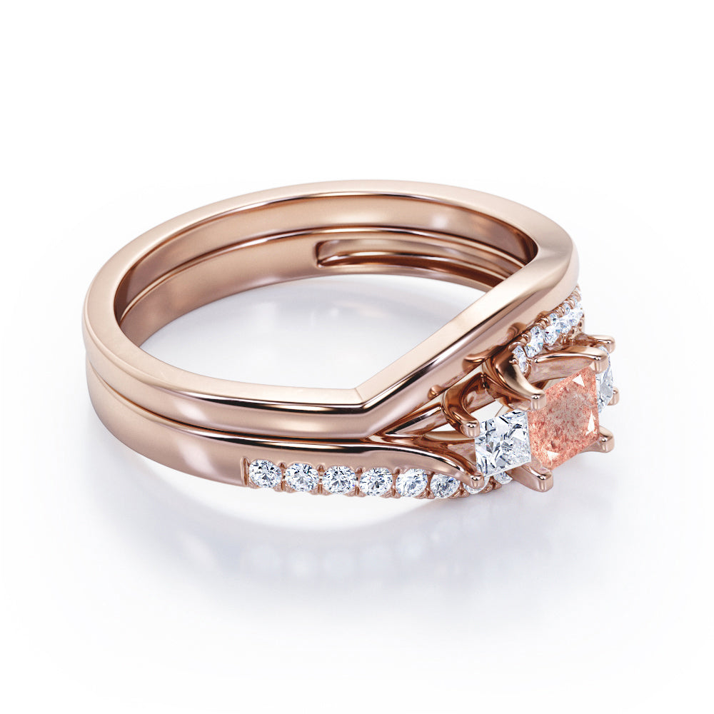 3 Stone Shared Prong - 1 TCW Princess Cut Strawberrry Quartz and diamond - Pave Curved Shank Wedding Set - Rose Gold