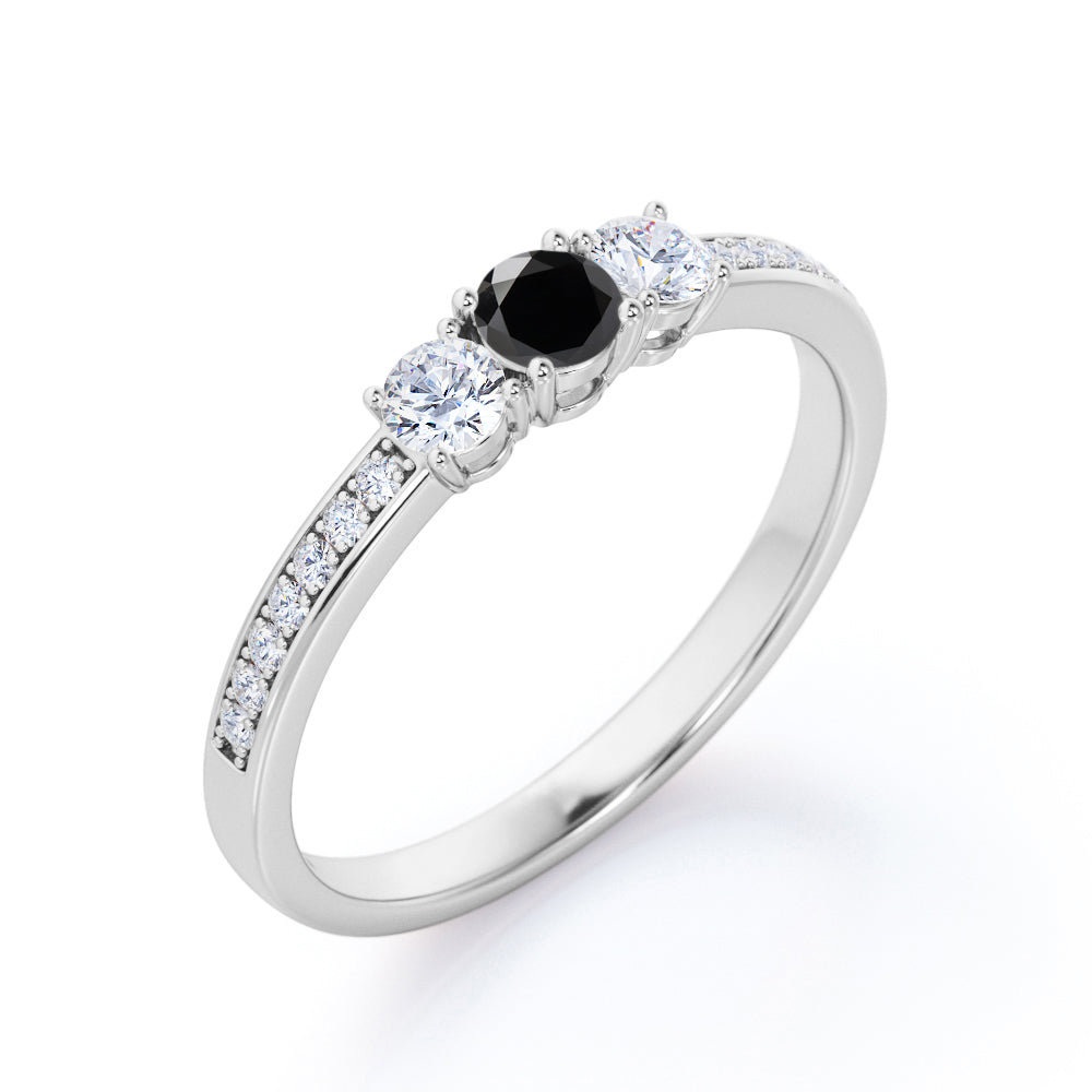 1.3 Carat Round Cut Lab Grown Black Diamond  Three Stone Engagement Ring In White Gold