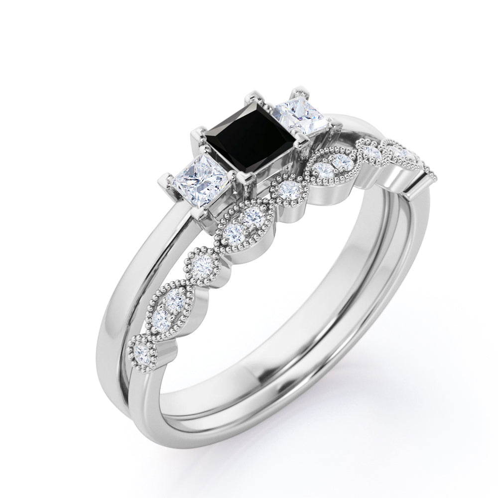 1.3 Carat Princess Cut Lab Grown Black Diamond Three Stone Wedding Ring Set In White Gold