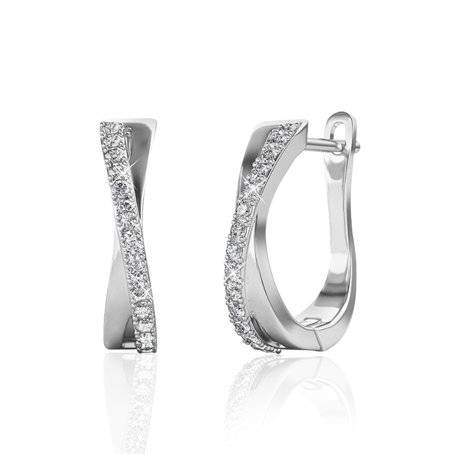 Half-Carat Criss Crossed Moissanite Huggie Earrings in 18K White Gold over Silver