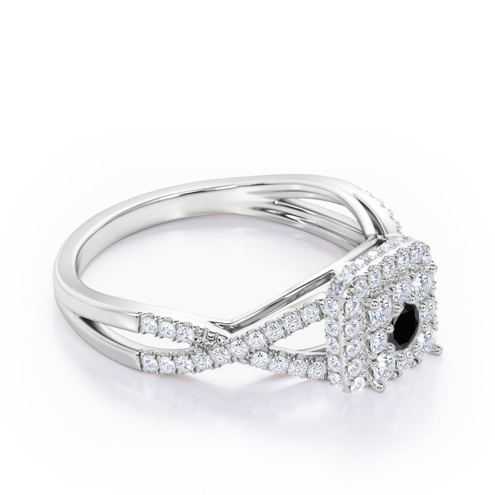 Pave Crossover - 1.25 Carat Round Cut Black Diamond - Flush Cluster Halo Engagement Ring in White Gold