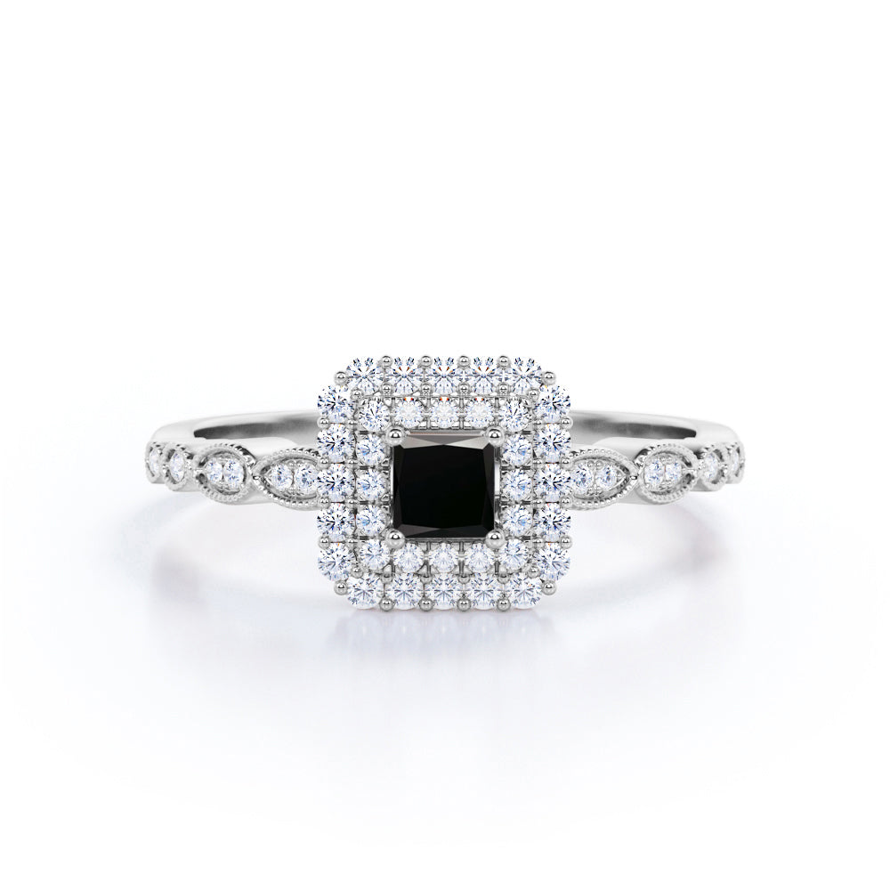 1.5 Carat Princess Cut Lab Grown Black Diamond Double Halo Cluster Engagement Ring In White Gold