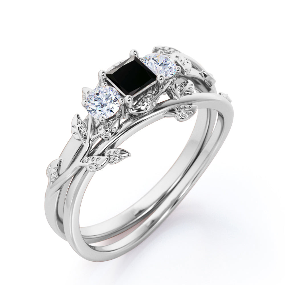 1.25 carat princess cut Black Diamond nature inspired wedding ring set in white gold