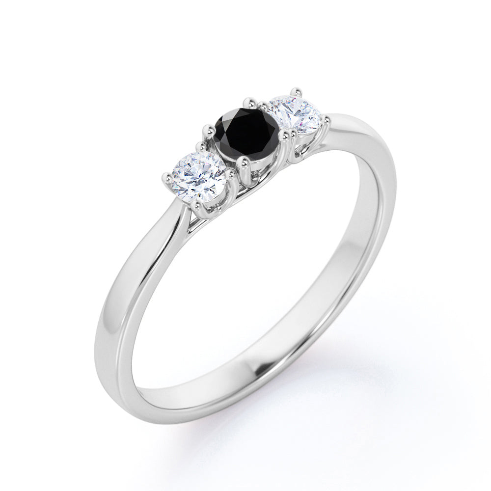 1.15 Carat Round Cut Lab Grown Black Diamond Three Stone Engagement Ring In White Gold