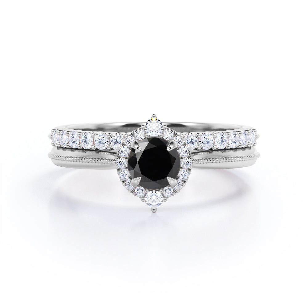 1.25 carat round cut Black Diamond filigree bridal set in white gold