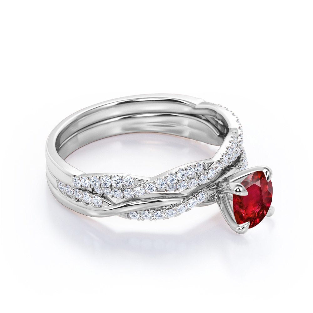 Antique Infinity 1.30 carat Round Cut Lab-Created Ruby and Diamond Twisted Bridal ring set in White Gold