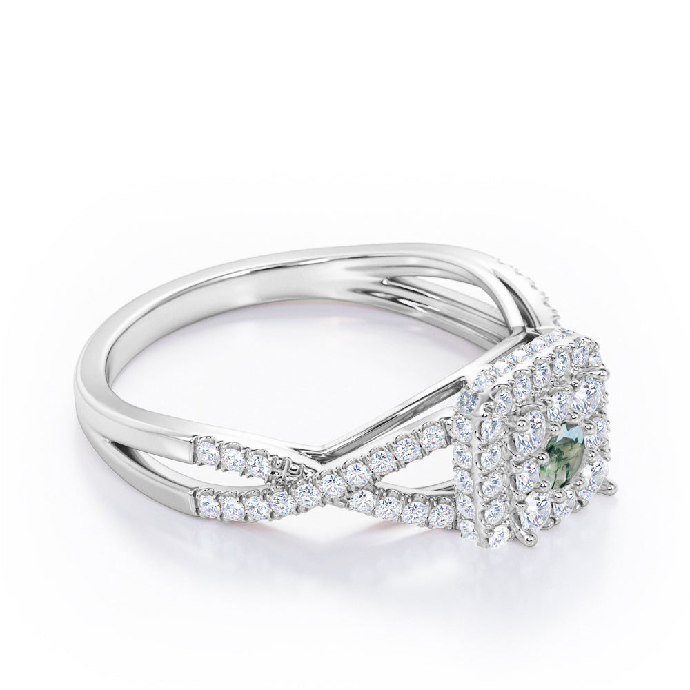 Pave Crossover - 1.25 Carat Round Cut Green Moss Agate and diamond - Flush Cluster Halo Engagement Ring in Rose Gold