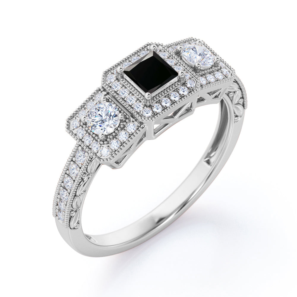 1 carat princess cut Black Diamond three stone trilogy engagement ring in white gold