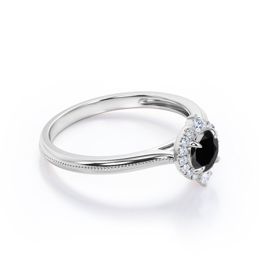 1 carat round cut Black Diamond halo engagement ring in white gold