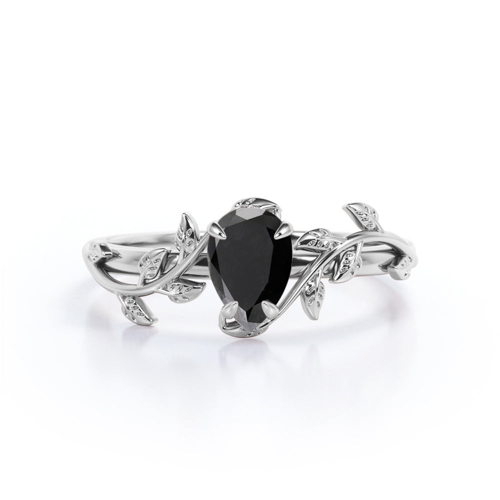 1 carat pear cut Lab Black Diamond leaf style engagement ring in white gold