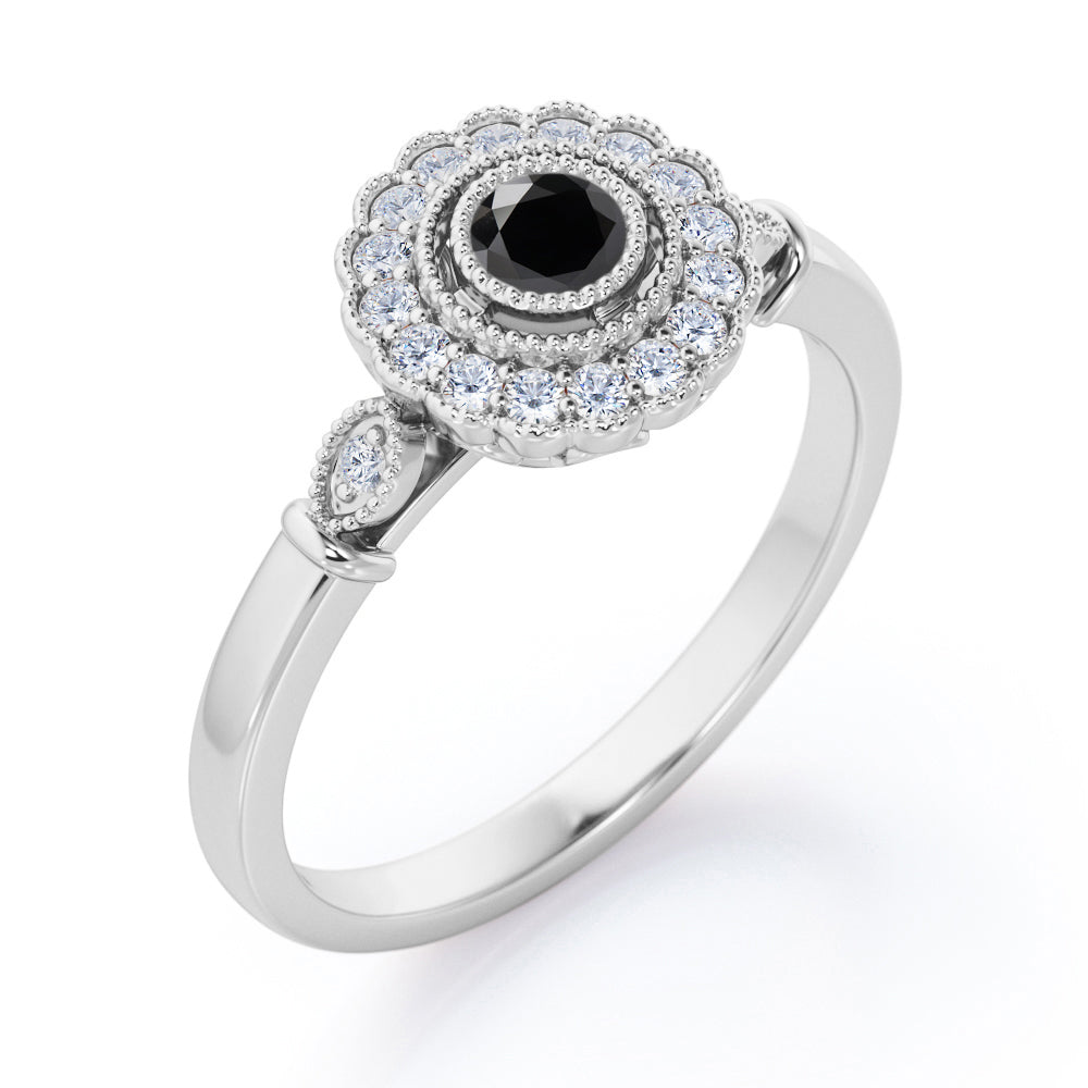 Milgrain Flower Halo 1.2 carat Carat Round Brilliant Cut Black Diamond Trilogy Bezel Engagement Ring in White Gold