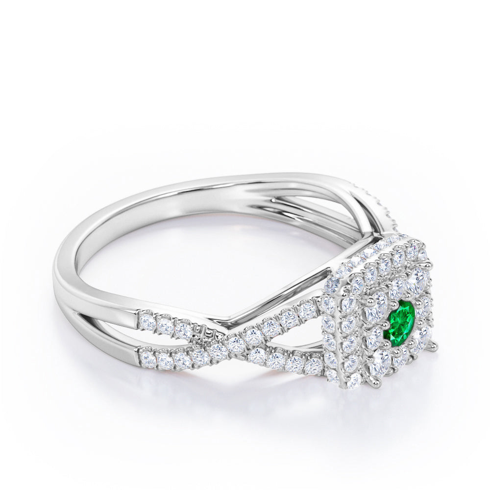 Pave Crossover - 1.25 Carat Round Cut Emerald and diamond - Flush Cluster Halo Engagement Ring in Yellow Gold