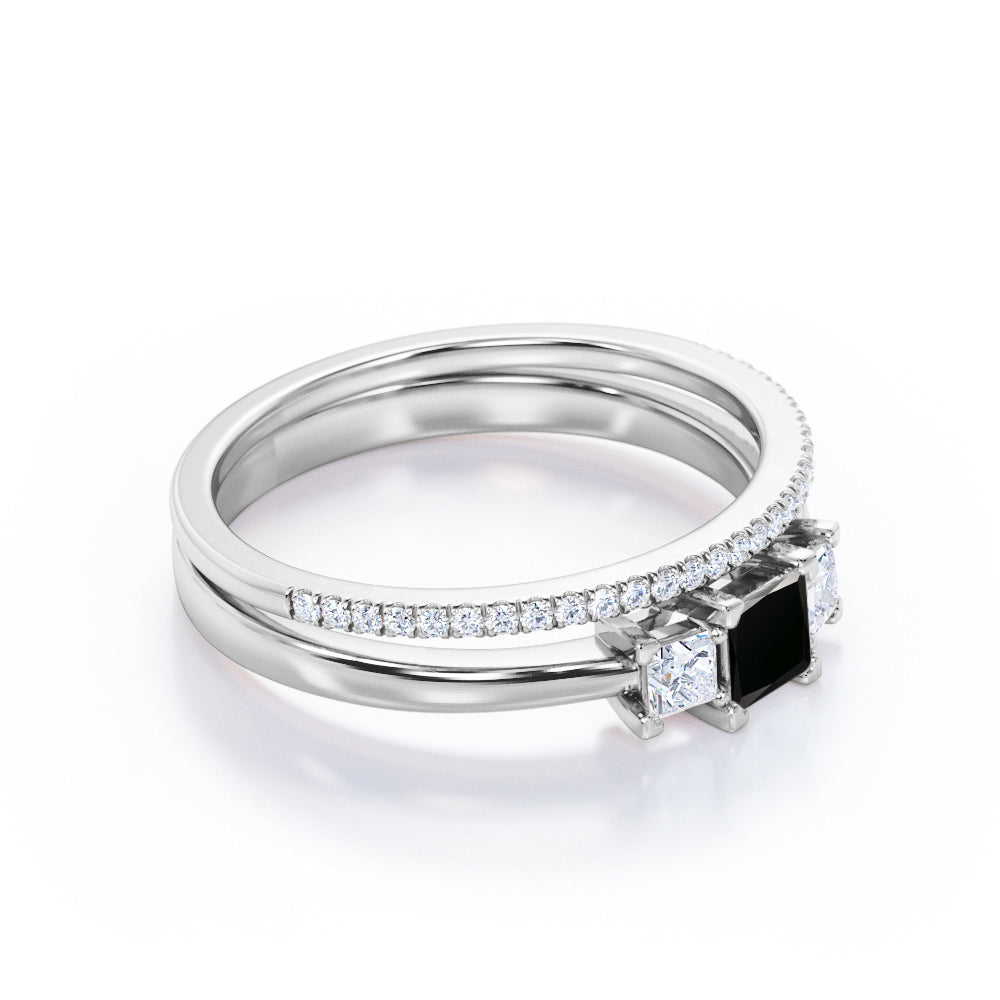 1.45 Carat Princess Cut Lab Grown Black Diamond Trilogy Wedding Ring Set In White Gold