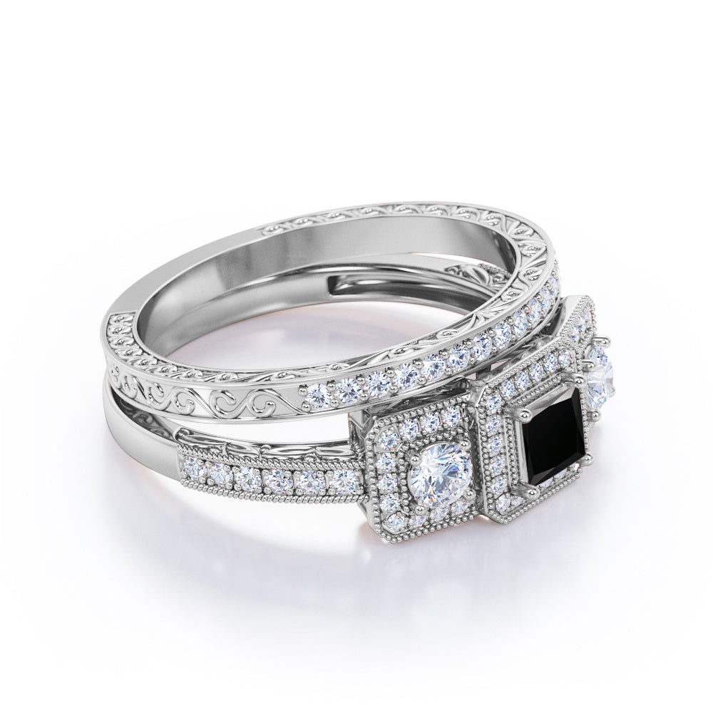 1.25 carat princess cut Black Diamond three stone trilogy wedding ring set in white gold