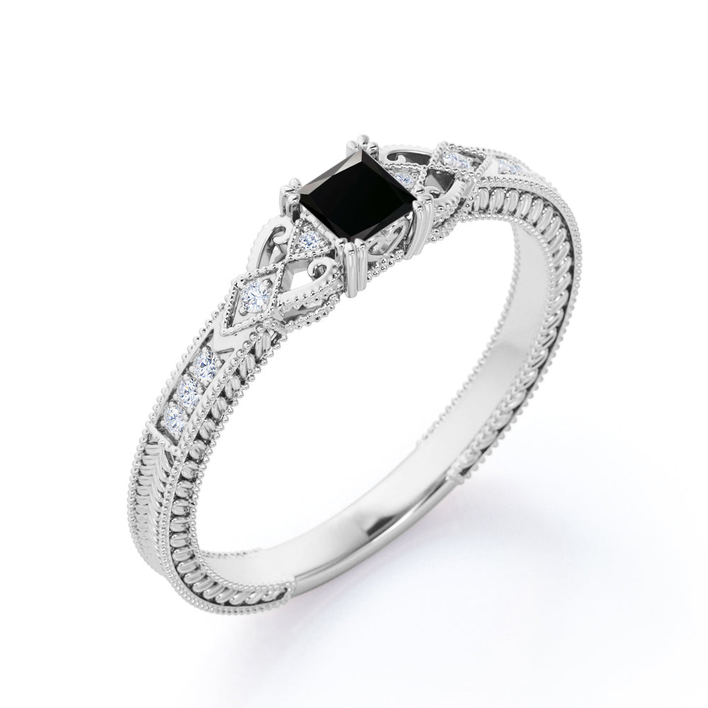 1.1 Carat Princess Cut Lab Grown Black Diamond Vintage Milgrain Engagement Ring In White Gold