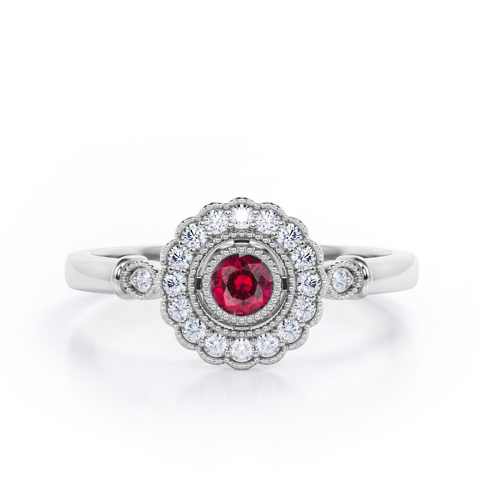 Milgrain Flower Halo 1.2 carat Carat Round Brilliant Cut Ruby Trilogy Bezel Engagement Ring in White Gold