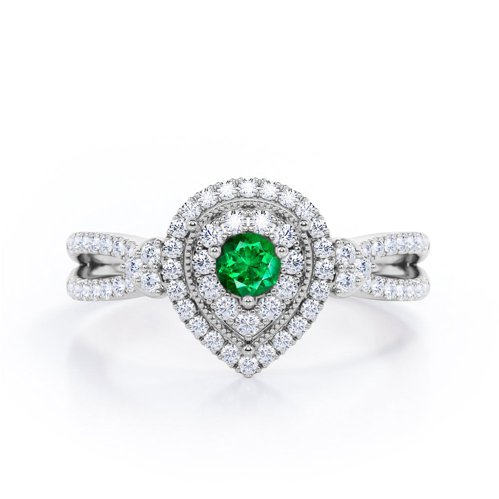 Pear-Shaped Double Halo - 1.7 Carat Round Cut Emerald and diamond - Pave Split Shank Engagement Ring in Yellow Gold