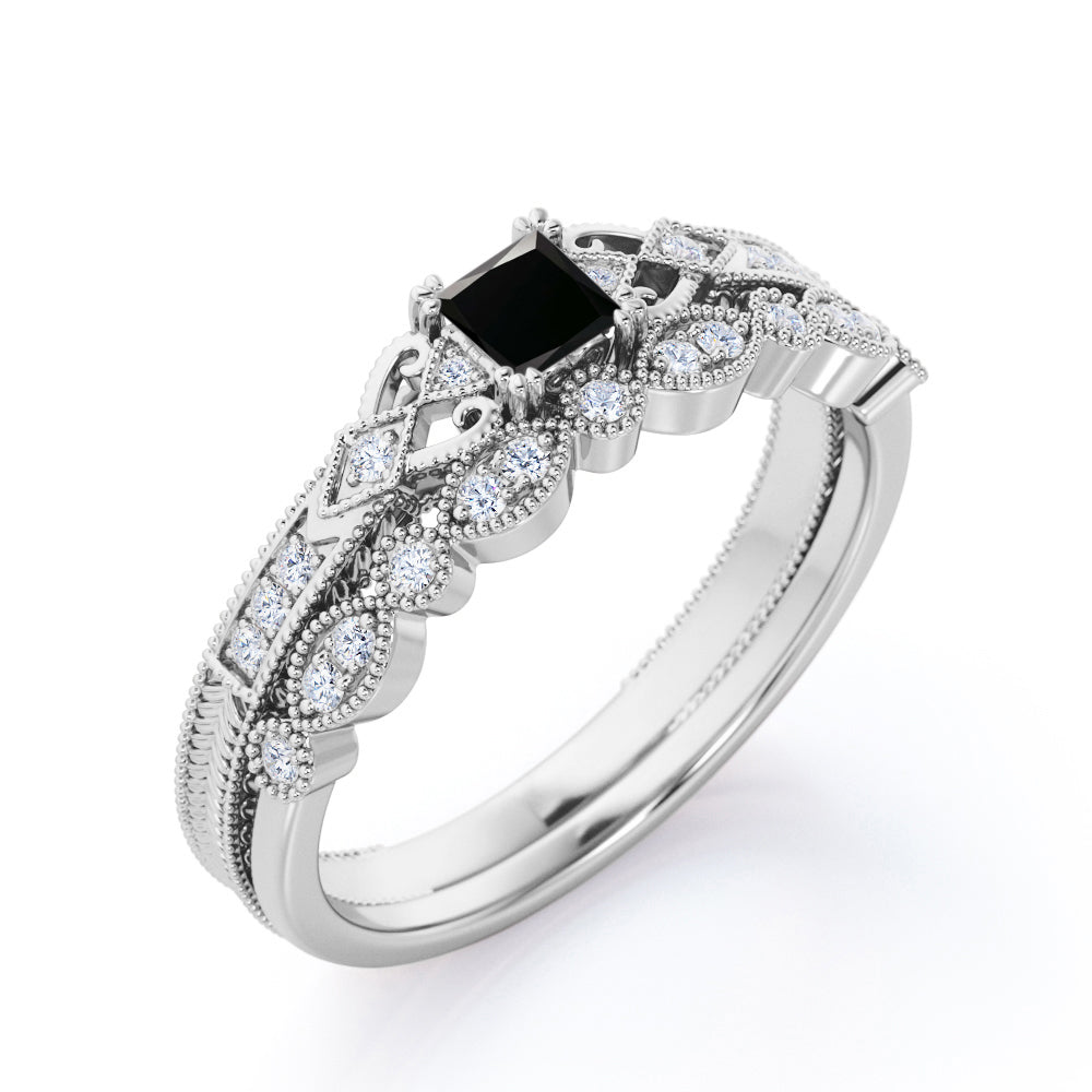 1.25 Carat Princess Cut Lab Grown Black Diamond Antique Art Deco Bridal Set In White Gold