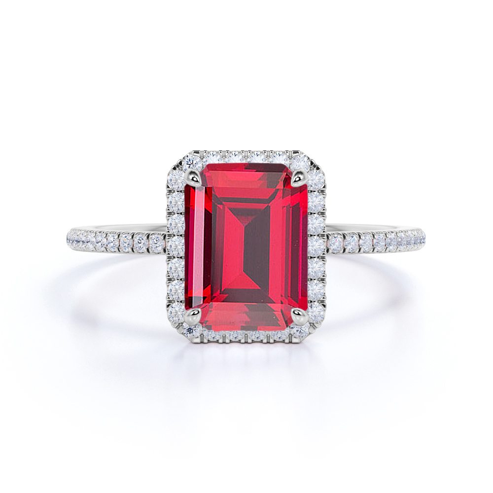 Unique Pave Set 1.30 Carat Emerald Cut Lab-Created Ruby and Diamond Engagement Ring in White Gold