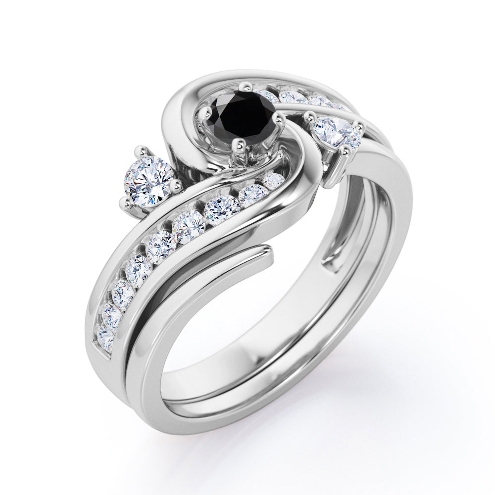 Twisted Tension - Prong 1 TCW Round Brilliant Cut Black Diamond - Flush Channel Wedding Set in White Gold