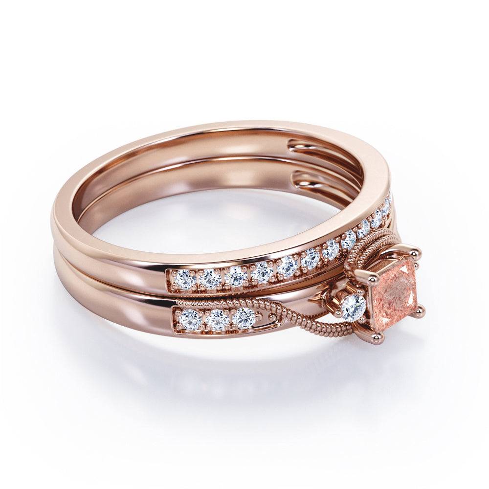 Trilogy Duo Milgrain 0.7 TCW Princess Cut Strawberry Quartz and diamond Vintage Bridal Ring Set in Rose Gold