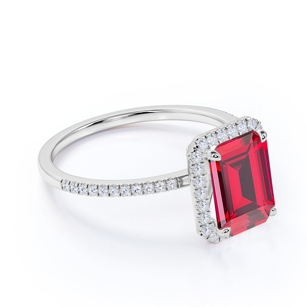 Unique Pave Set 1.30 Carat Emerald Cut Lab-Created Ruby and Diamond Engagement Ring in White Gold