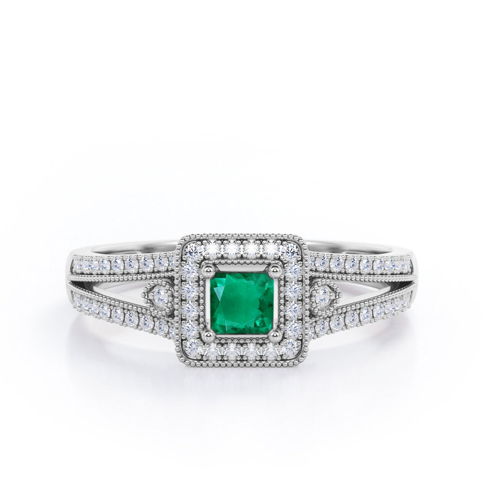 Split-Shanked Pave 1.55 Carat Princess Cut Emerald and diamond Milgrain-Bordered Halo Engagement Ring in White Gold