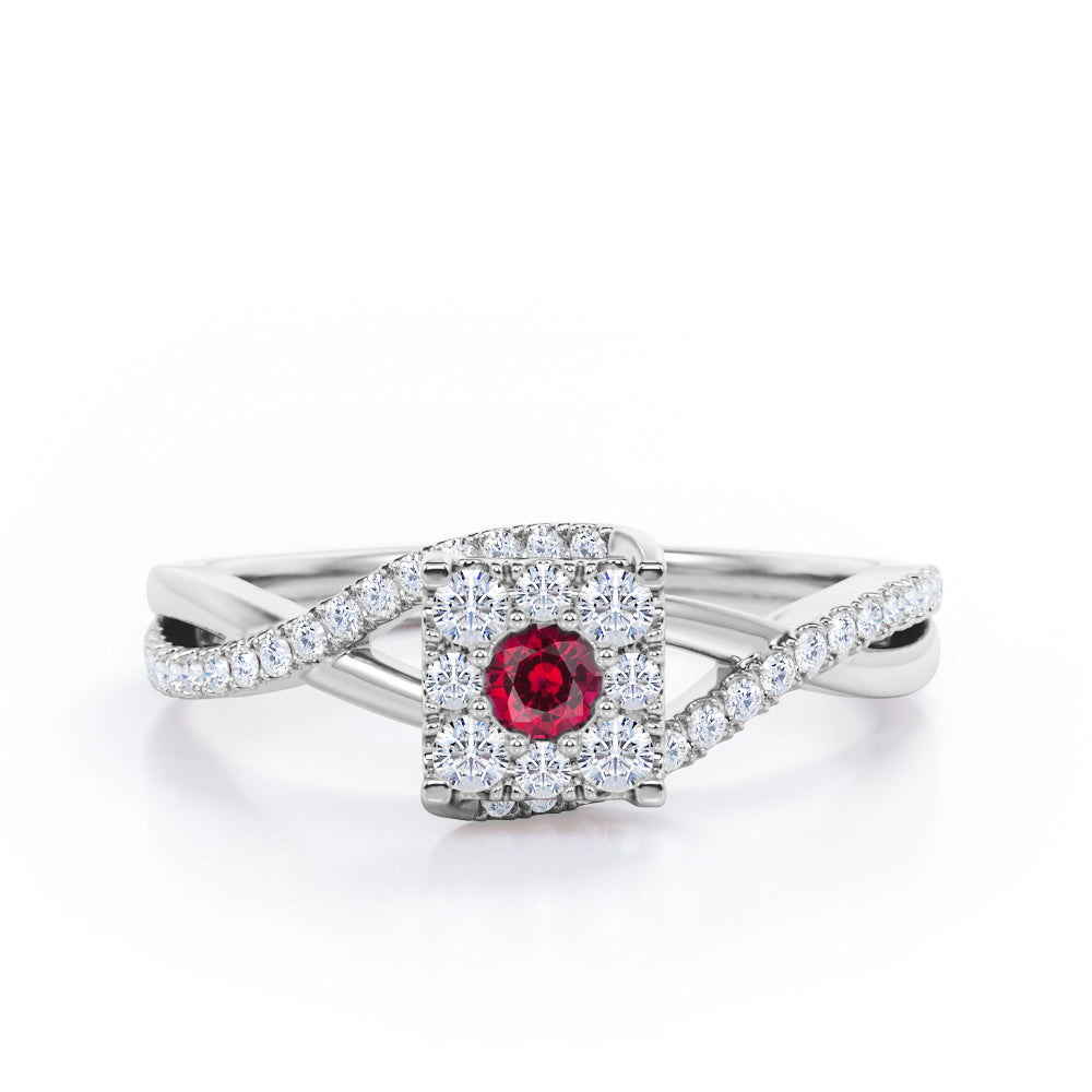 Semi Twisted Infinity 0.9 Carat Round Shape Ruby Square Floral Cluster in White Gold