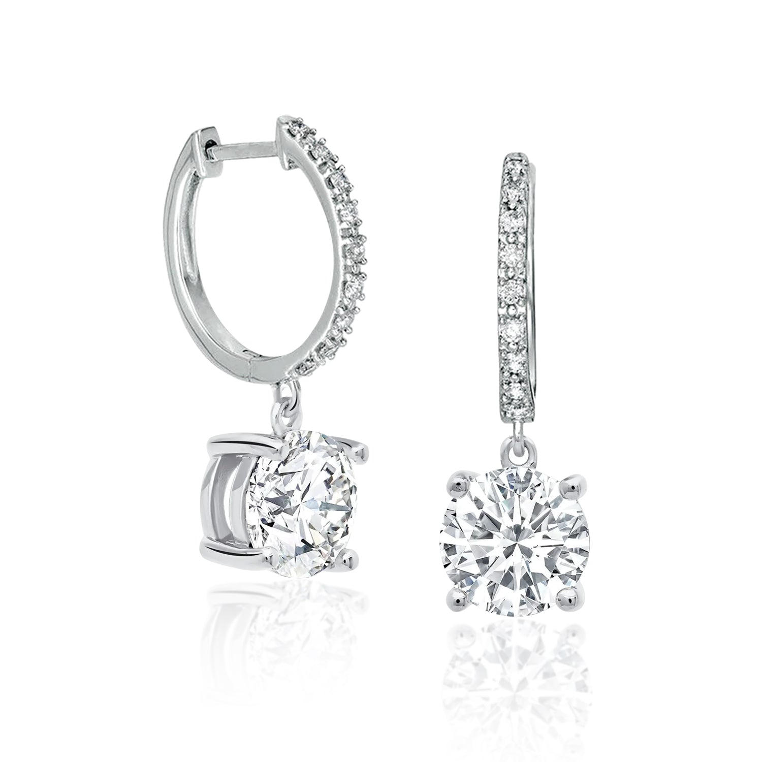 2 Carat Round Cut Moissanite Hoop Earrings Pave Set with Charm in 18K White Gold over Silver