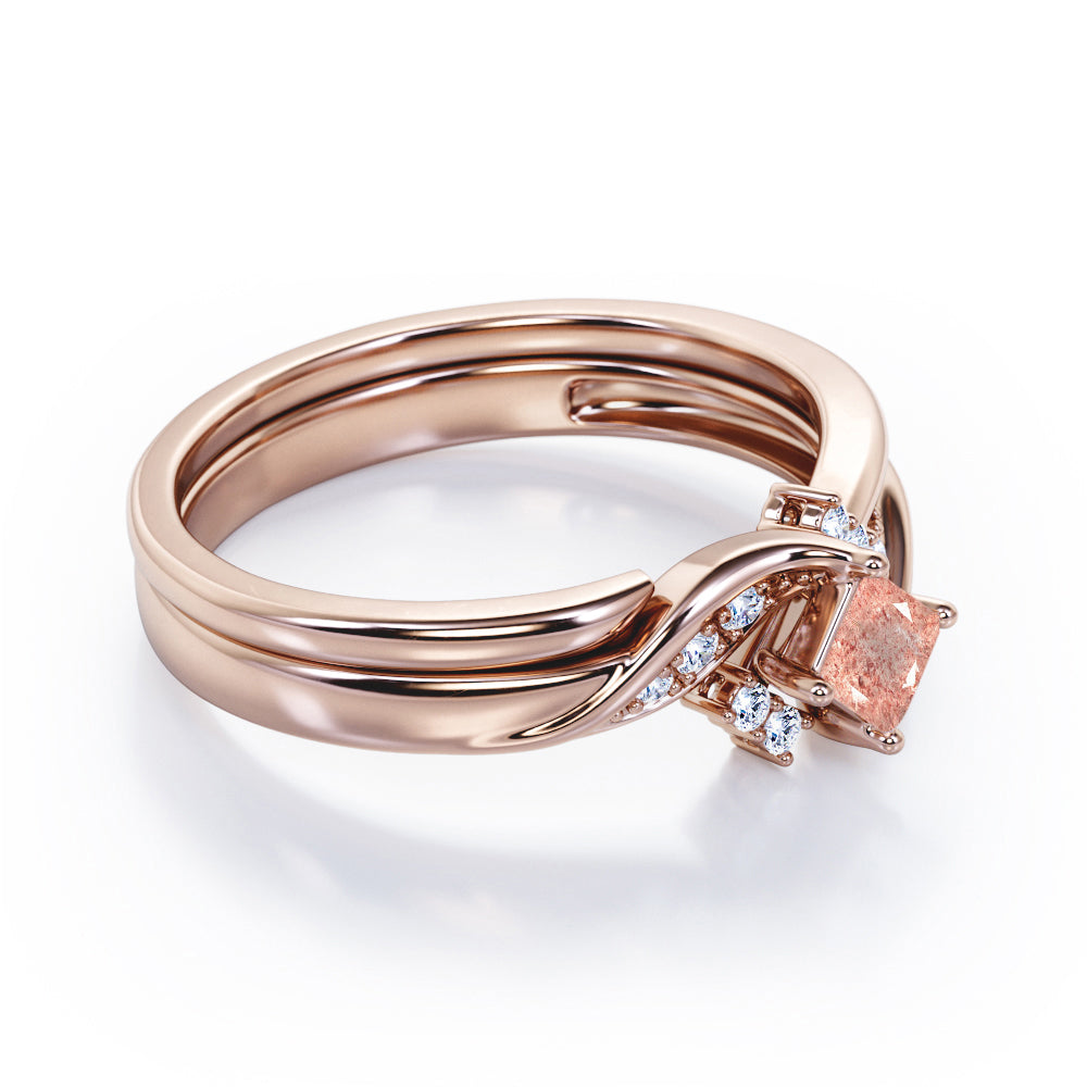 Petite Pave-Channel - 0.55 TCW Rhombus Princess Cut Strawberry Quartz and diamond - Prong Tensioned Wedding Ring Set -  Rose Gold