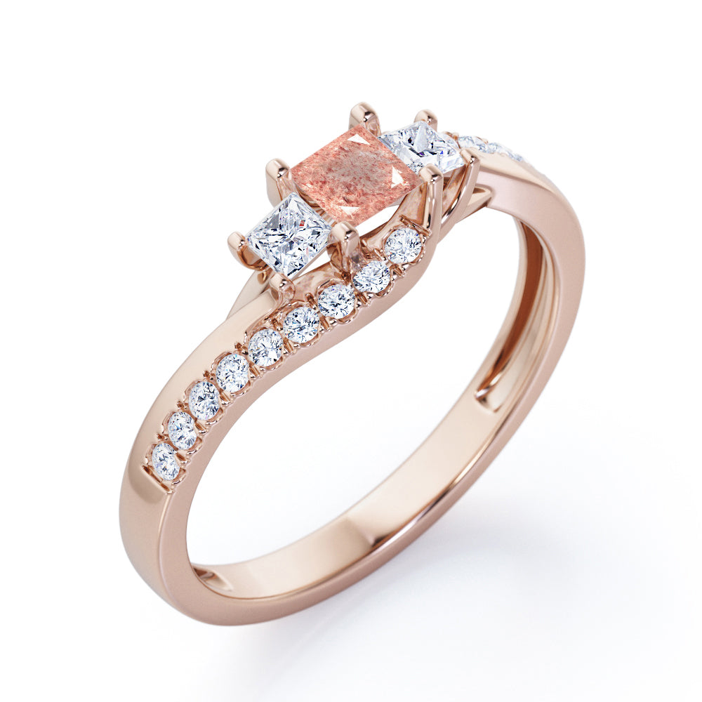 Trellis Three Stones 1 carat Princess Strawberry Quartz and diamond Braided Engagement Ring in Rose Gold