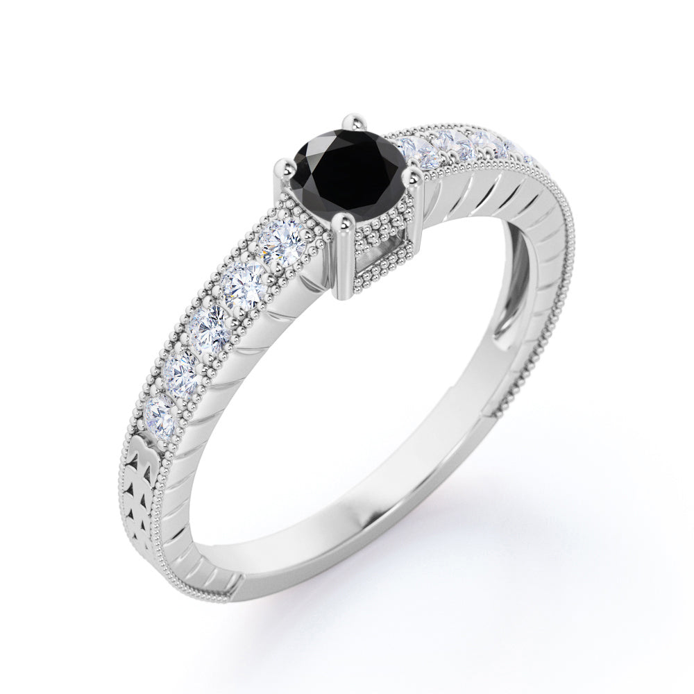 1.10 Carat Round Cut Lab Grown Black Diamond Vintage Milgrain Engagement Ring In White Gold