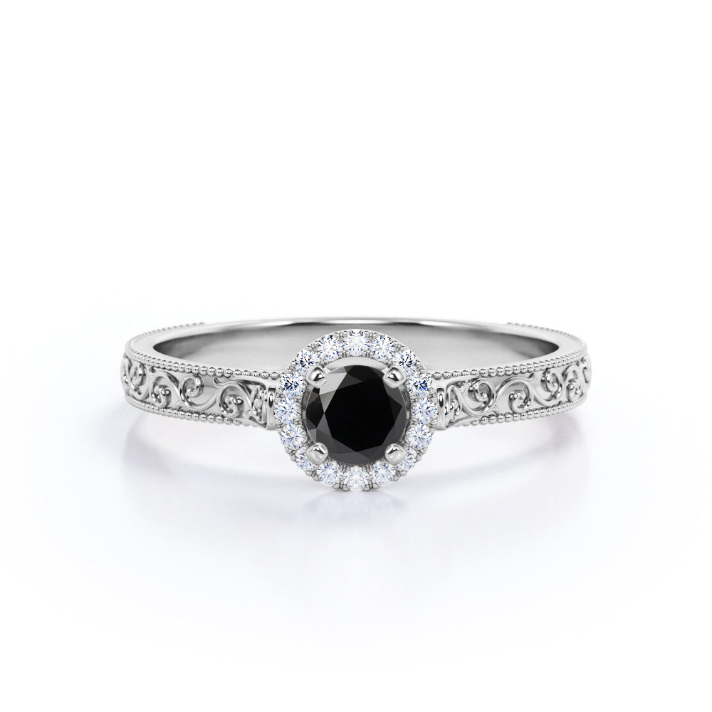 1.15 Carat Round Cut Lab Grown Black Diamond Antique Art Deco Engagement Ring In White Gold