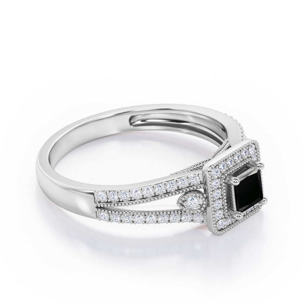 Split-Shanked Pave 1.55 Carat Princess Cut Black Diamond Milgrain-Bordered Halo Engagement Ring in White Gold