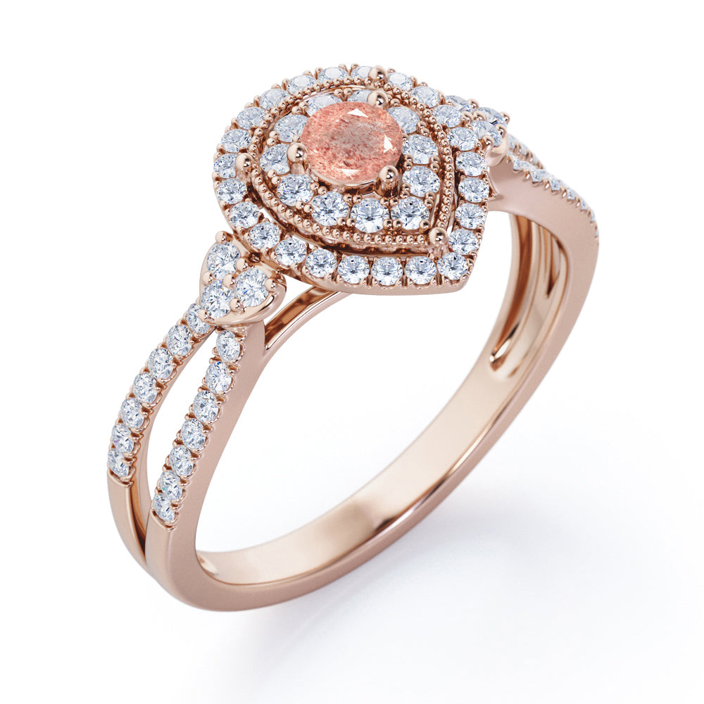 Pear-Shaped Double Halo - 1.7 Carat Round Cut Strawberry Quartz - Pave Split Shank Engagement Ring in Rose Gold