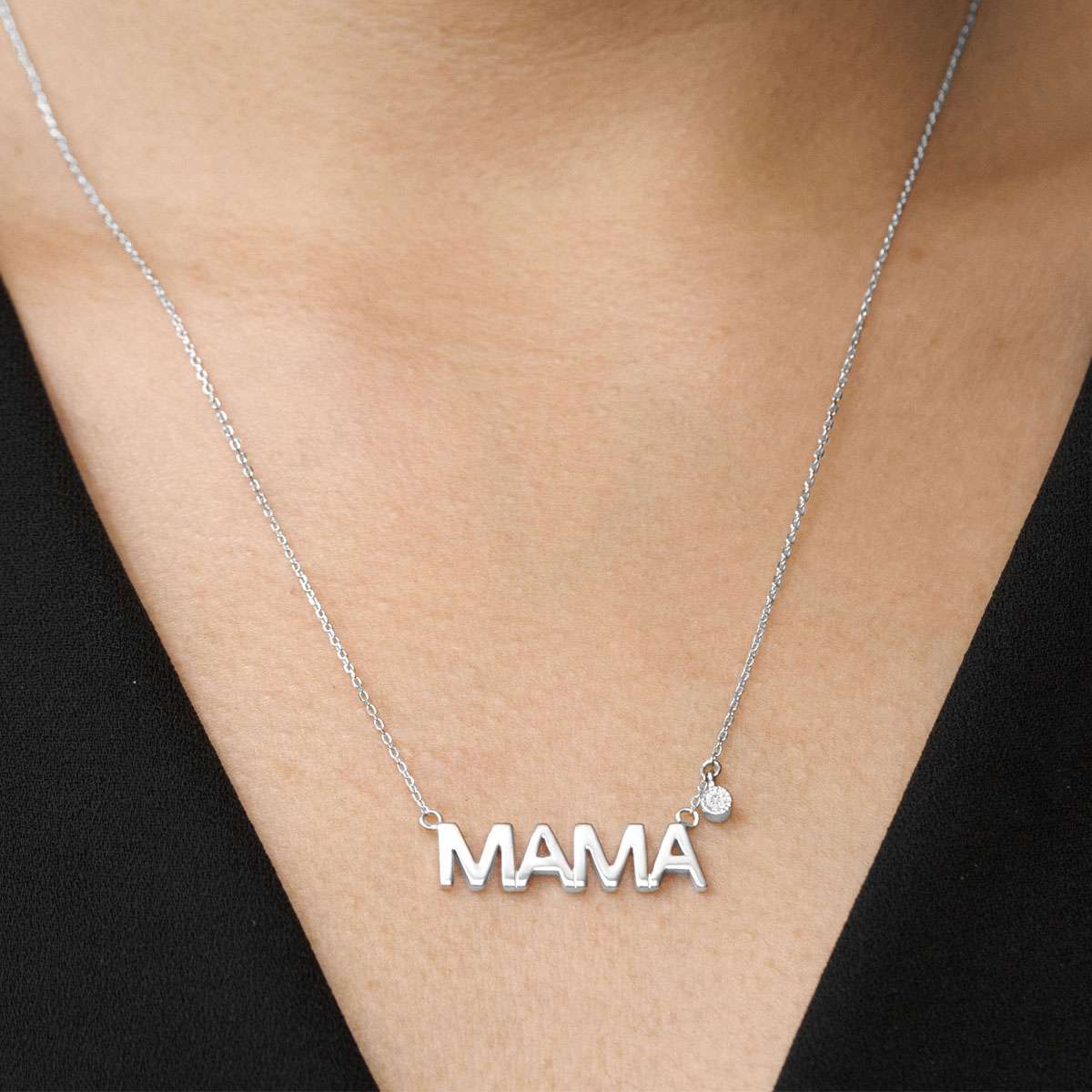 MAMA Diamond Pendant Necklace in 18K White Gold over Silver